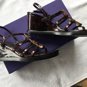 Stuart Weitzman Brown Tortoiseshell Strappy Wedge Sandals